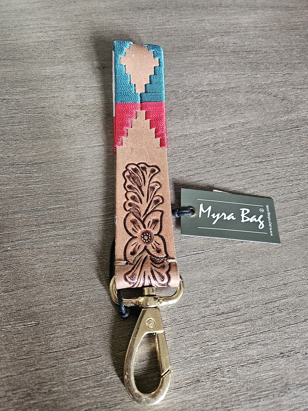Myra Bag Turquoise & Red & White Embroidered Leather Key Fob Wristlet - NWT